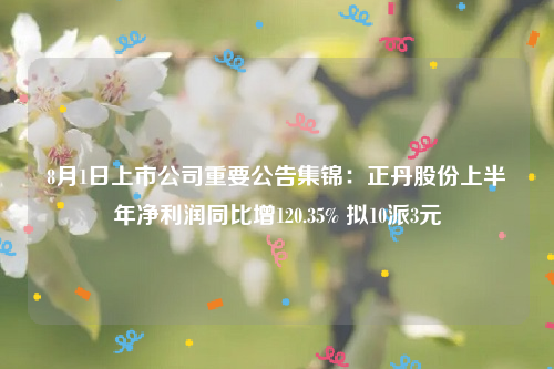 8月1日上市公司重要公告集锦：正丹股份上半年净利润同比增120.35% 拟10派3元