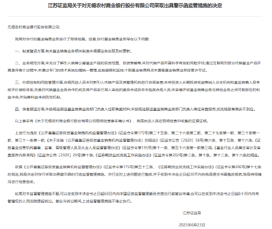 江苏证监局对三家农商行基金销售业务现场检查 两家收警示函、一家被责令改正