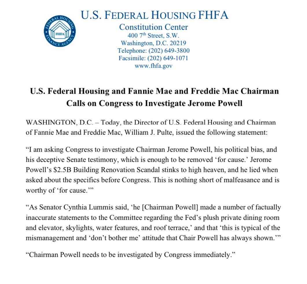 FHFA局长要求国会调查美联储主席 特朗普敦促鲍威尔立即辞职