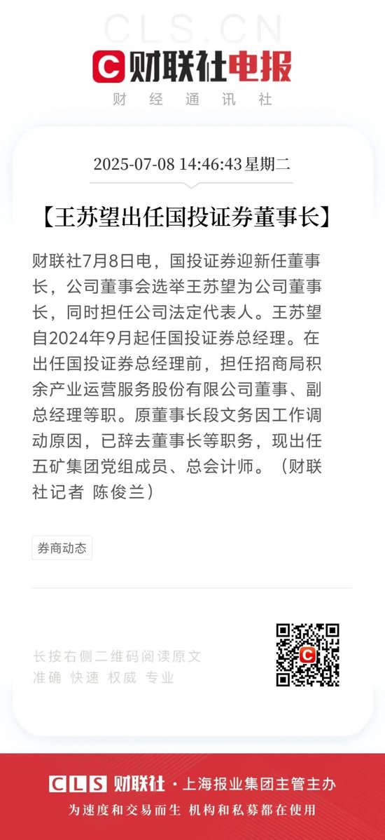 王苏望，任国投证券董事长