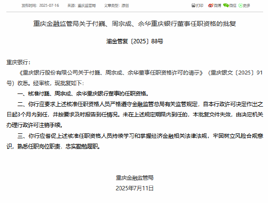 重庆银行三名董事任职资格获核准