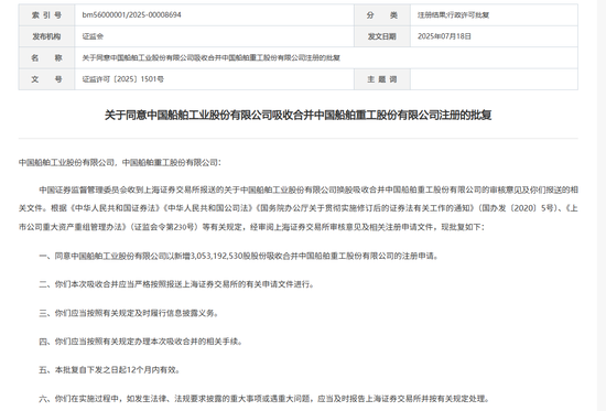 证监会同意中国船舶吸收合并中国重工的注册申请
