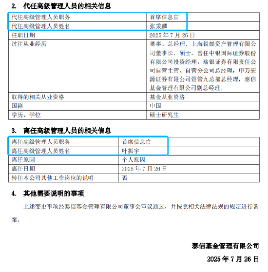 规模回升期核心管理层换防：泰信基金首席信息官叶振宇离任，总经理张秉麟代行职责