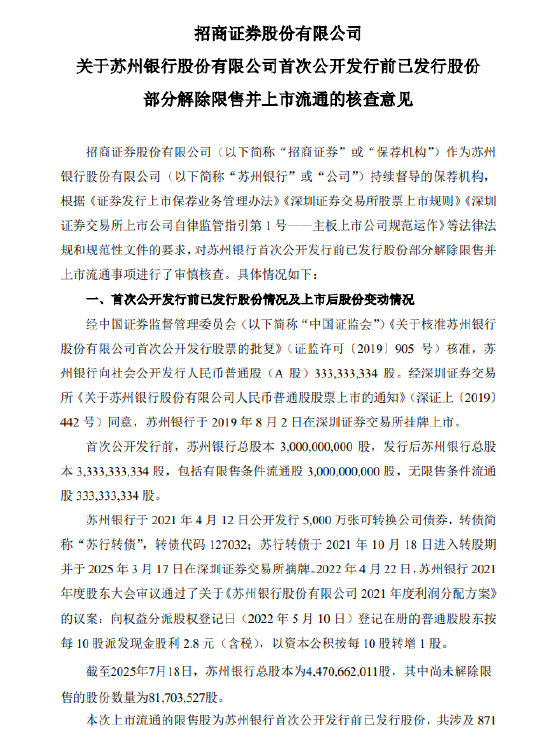 苏州银行：726万股限售股将于8月4日解禁