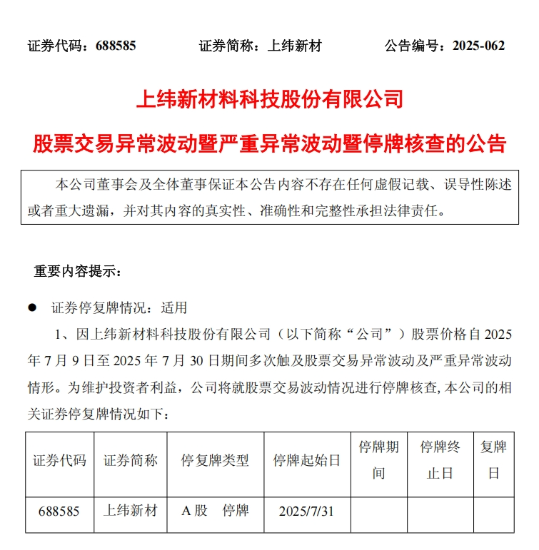 10倍股上纬新材：7月31日起停牌核查