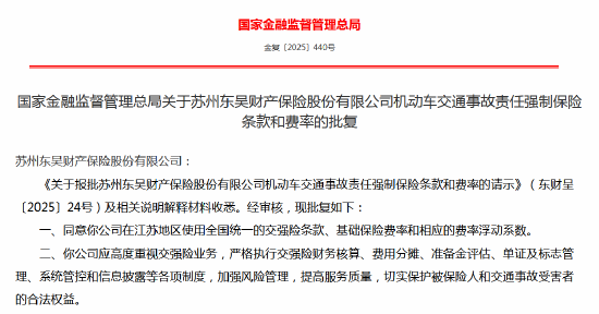 东吴财险报批和修改机动车交通事故责任强制保险条款和费率获批
