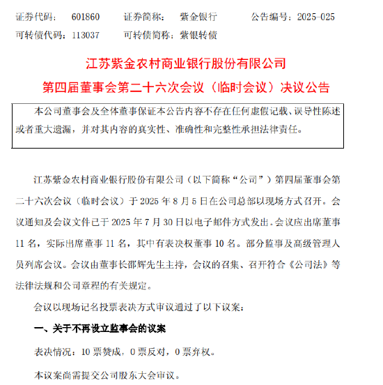 紫金银行：拟不再设立监事会