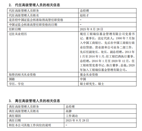 工银瑞信基金官宣：总经理离任