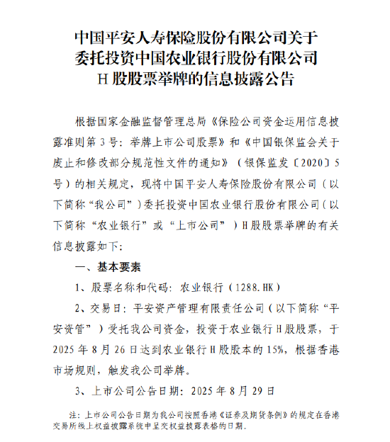 平安人寿半年内三次举牌农业银行H股