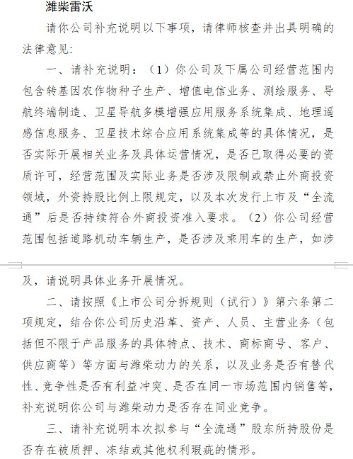 潍柴雷沃港股上市收到证监会反馈意见 需说明业务资质、同业竞争及股份权利瑕疵等问题