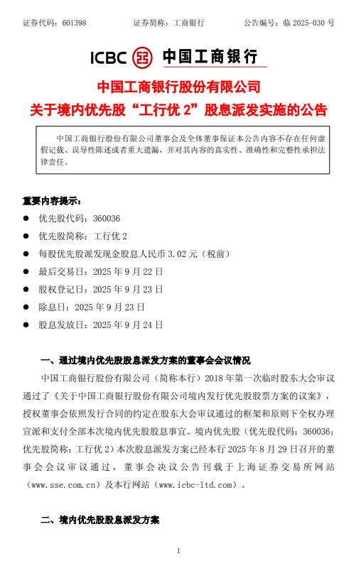 工商银行：每股“工行优2”将于9月24日派息3.02 元