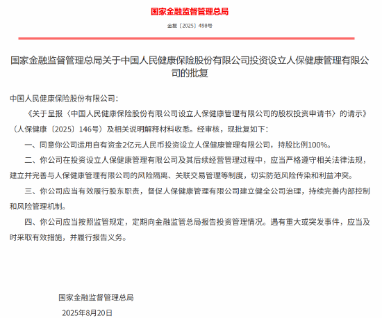 国家金融监管总局：同意中国人民健康保险股份有限公司投资设立人保健康管理有限公司