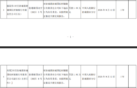 防城港防城国民村镇银行被罚28.1万元：未按照规定报送大额交易报告