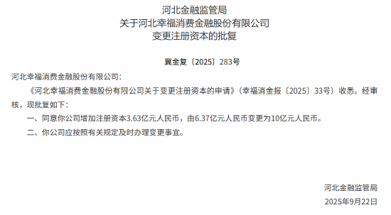 河北幸福消费金融获批变更注册资本