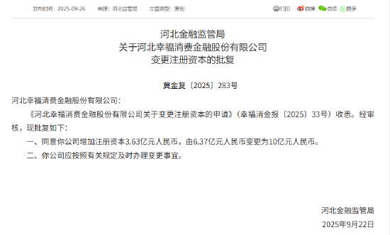 河北幸福消费金融获批增加注册资本至10亿元